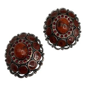 Elegant Vintage Bronze Orange Gems Red Sparkle Clip On Earrings